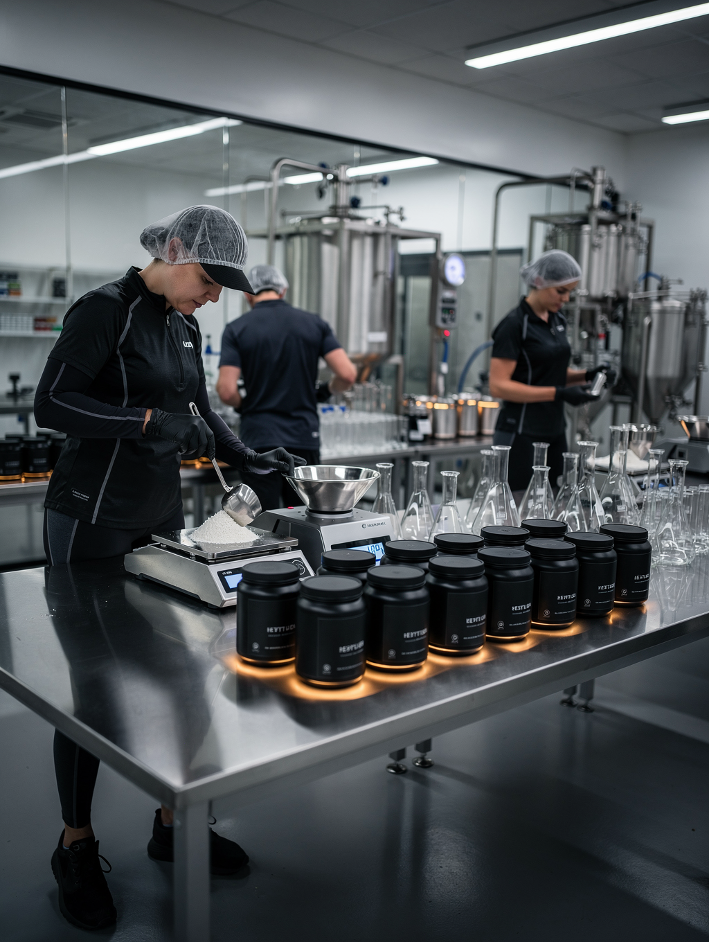 Precision laboratory balance measuring pure white supplement powder beside technical glass beakers